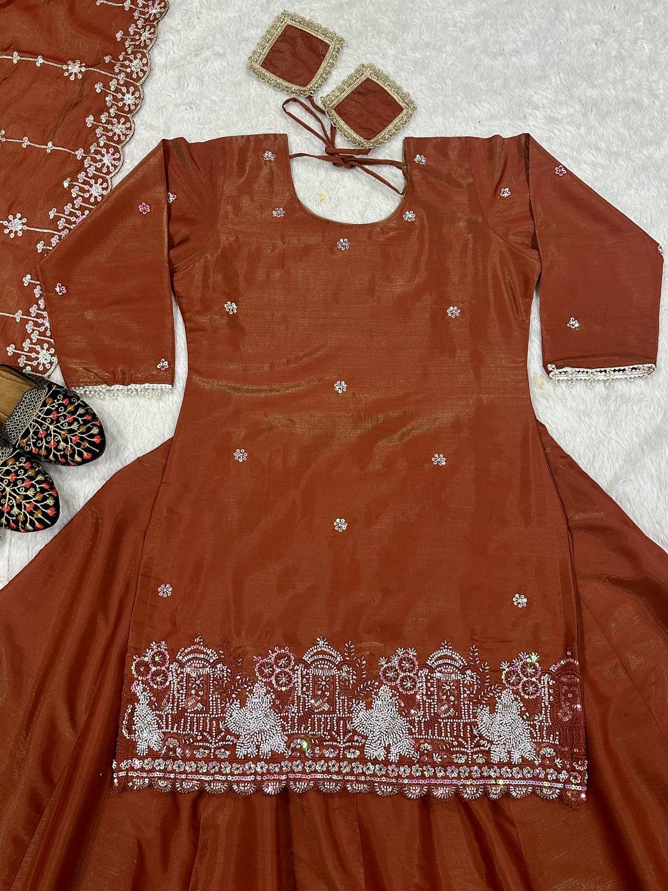 Admiring  Embroidery Sequence Work Brown Color Top With Lehenga