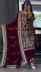 Heavy Embroidery Sequence Work Maroon Color Dhoti Suit
