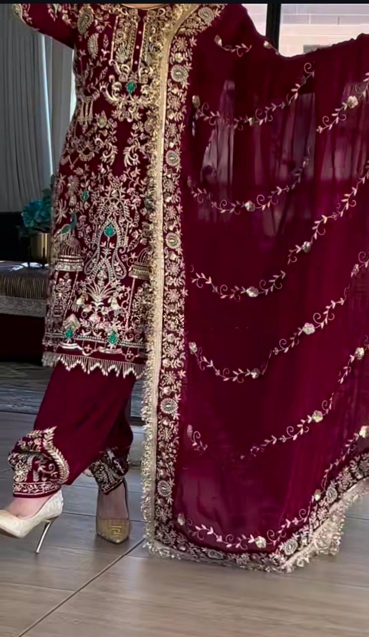 Heavy Embroidery Sequence Work Maroon Color Dhoti Suit