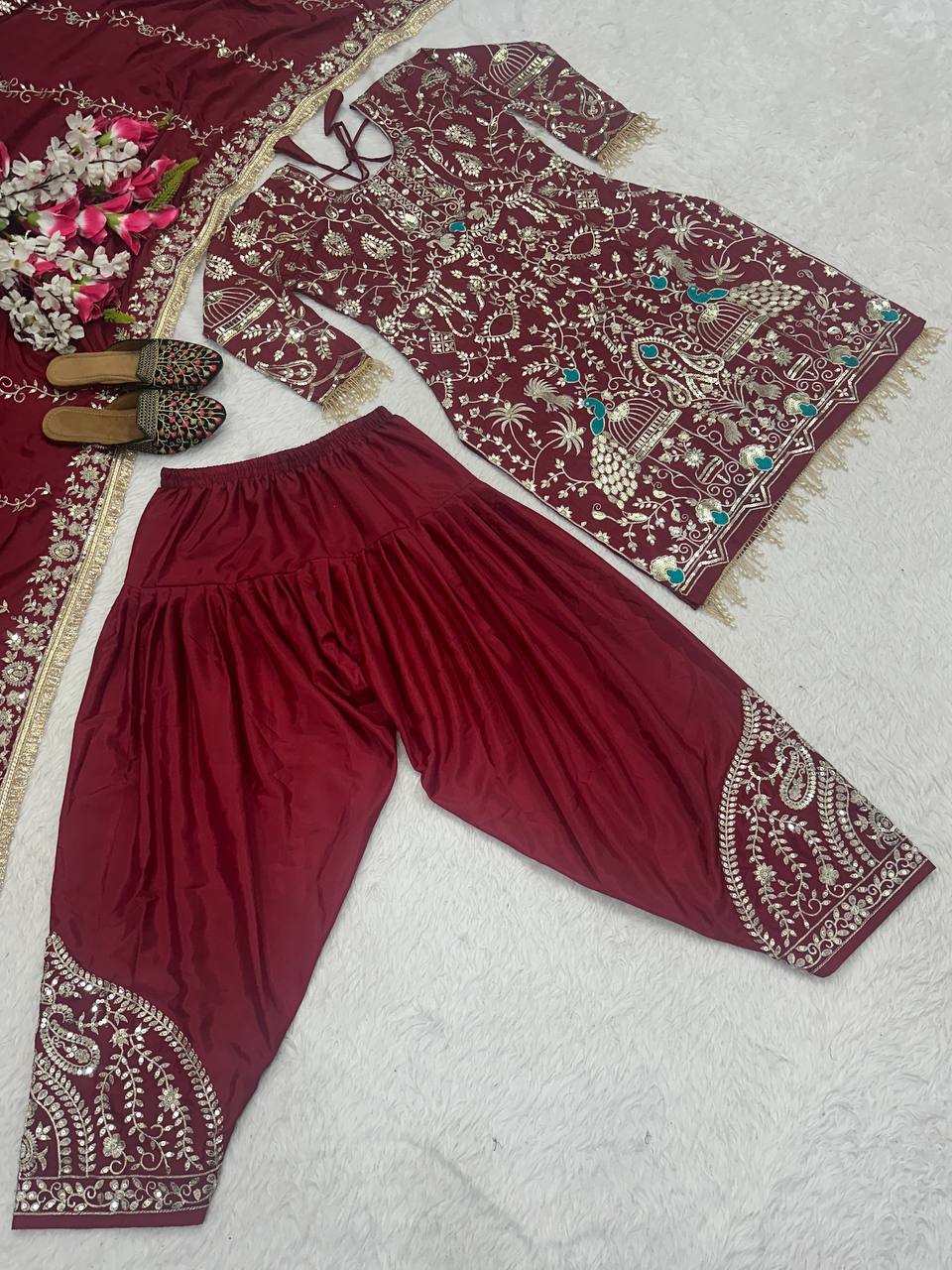 Heavy Embroidery Sequence Work Maroon Color Dhoti Suit