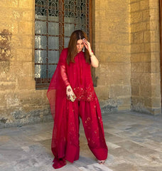 Charming Embroidery Work Red Color Palazzo Suit