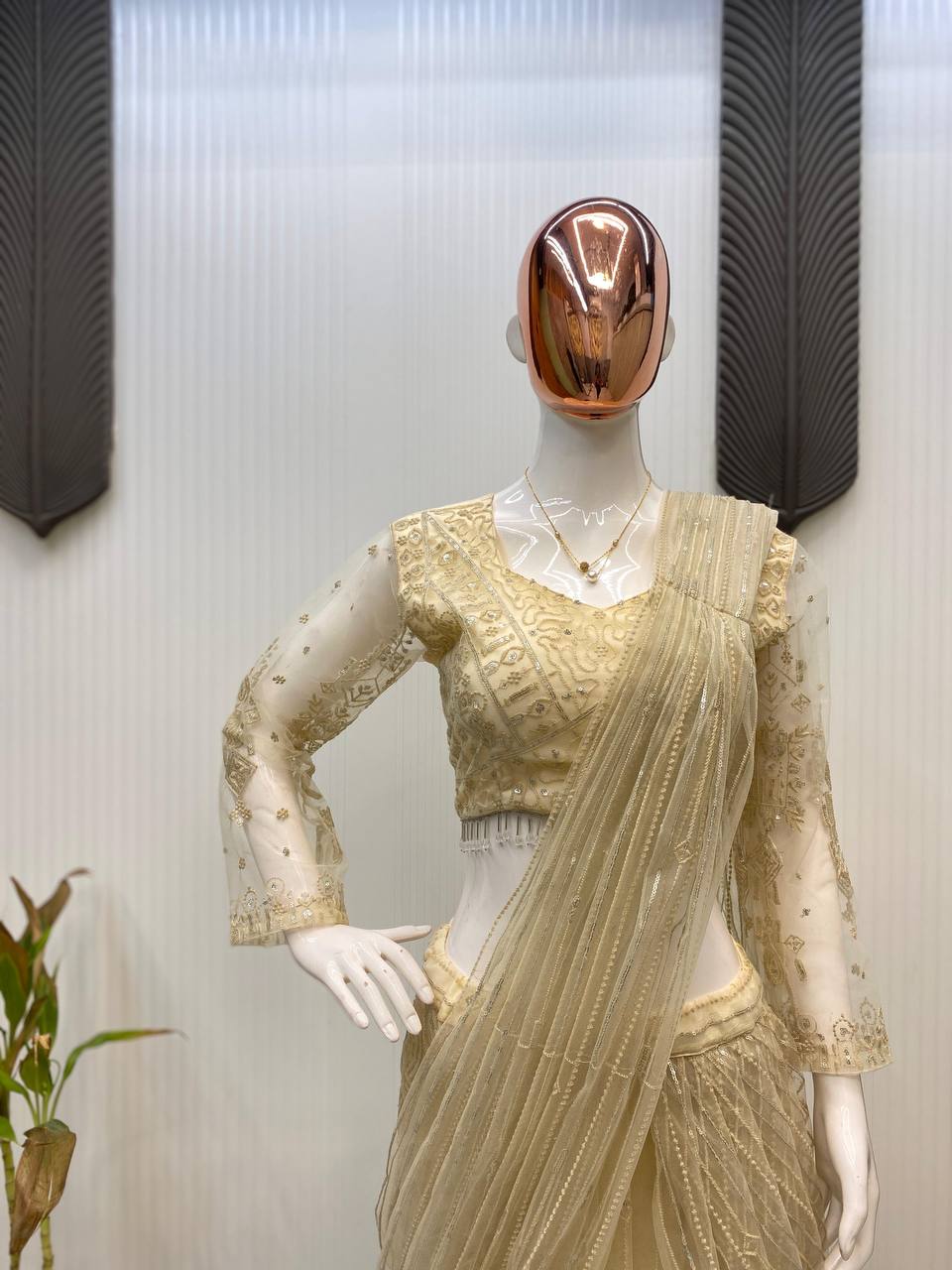 Glamorous Beige Butterfly Net Saree with Sequin Embroidery & Full-Stitched Blouse