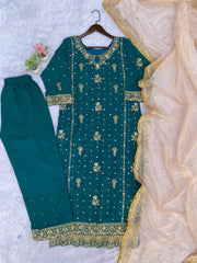 Teal Blue Chinon Sharara Suit Set with Organza Dupatta | Sequin Embroidery
