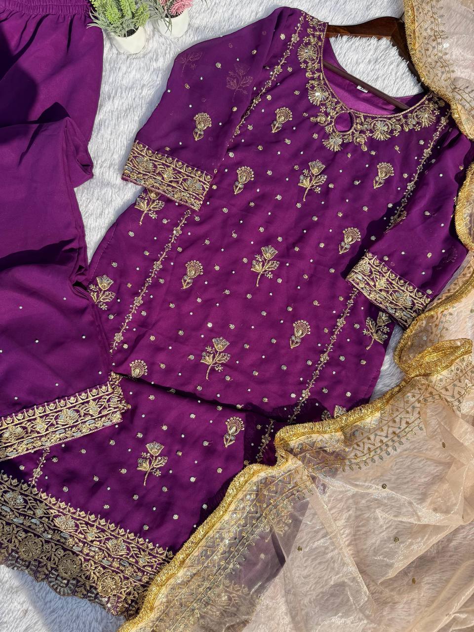 Purple Color  Chinon Sharara Suit Set with Organza Dupatta | Sequin Embroidery