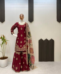 Marron Color  Chinon Sharara Suit Set with Organza Dupatta | Sequin Embroidery