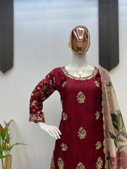 Marron Color  Chinon Sharara Suit Set with Organza Dupatta | Sequin Embroidery