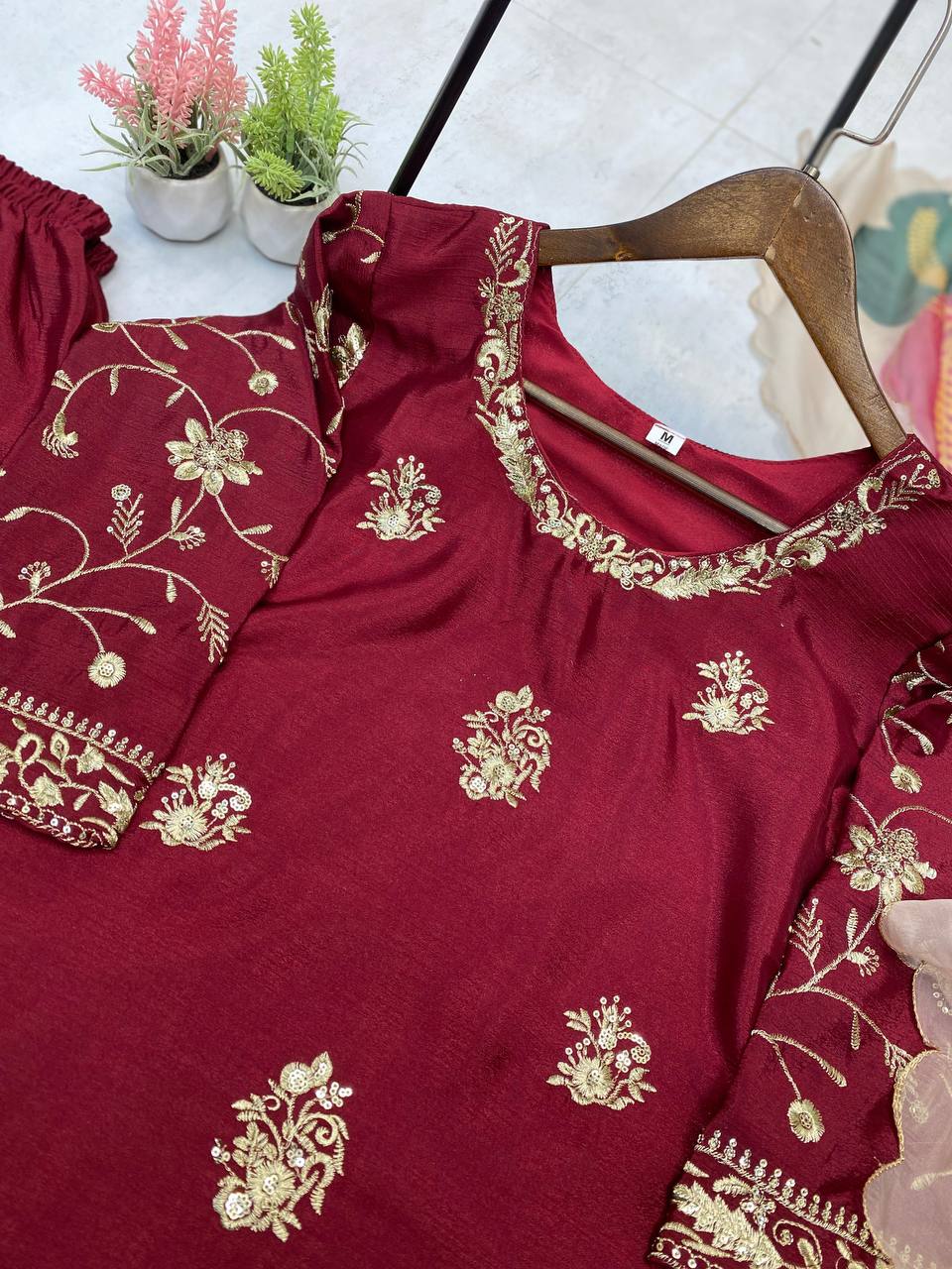 Marron Color  Chinon Sharara Suit Set with Organza Dupatta | Sequin Embroidery