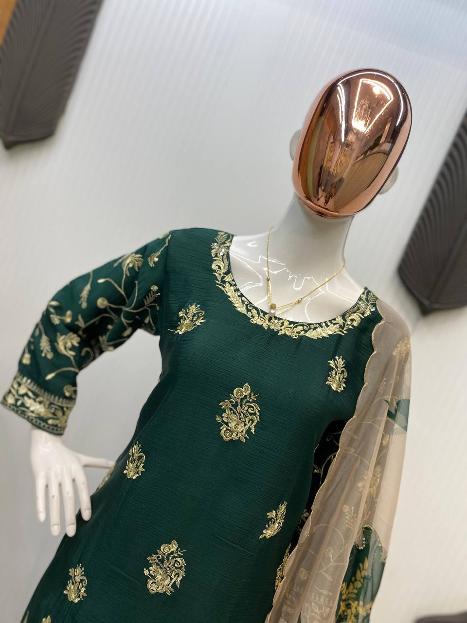 Green Color  Chinon Sharara Suit Set with Organza Dupatta | Sequin Embroidery