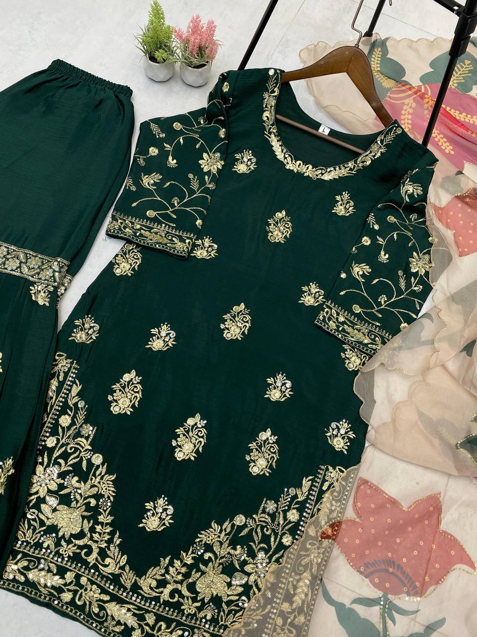 Green Color  Chinon Sharara Suit Set with Organza Dupatta | Sequin Embroidery