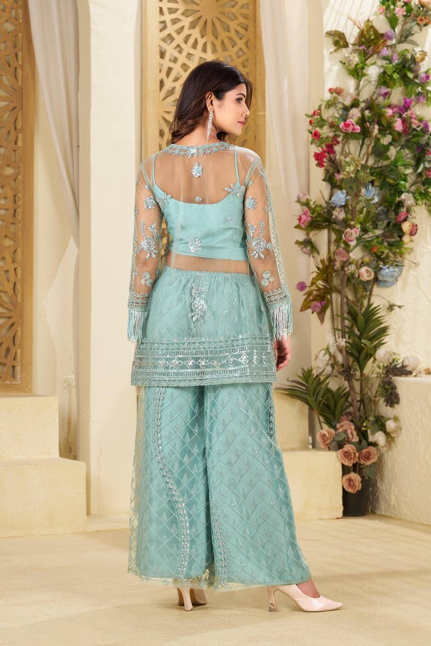 Mint Green Butterfly Net Plazzo Suit with Dual Side Sequin Embroidery