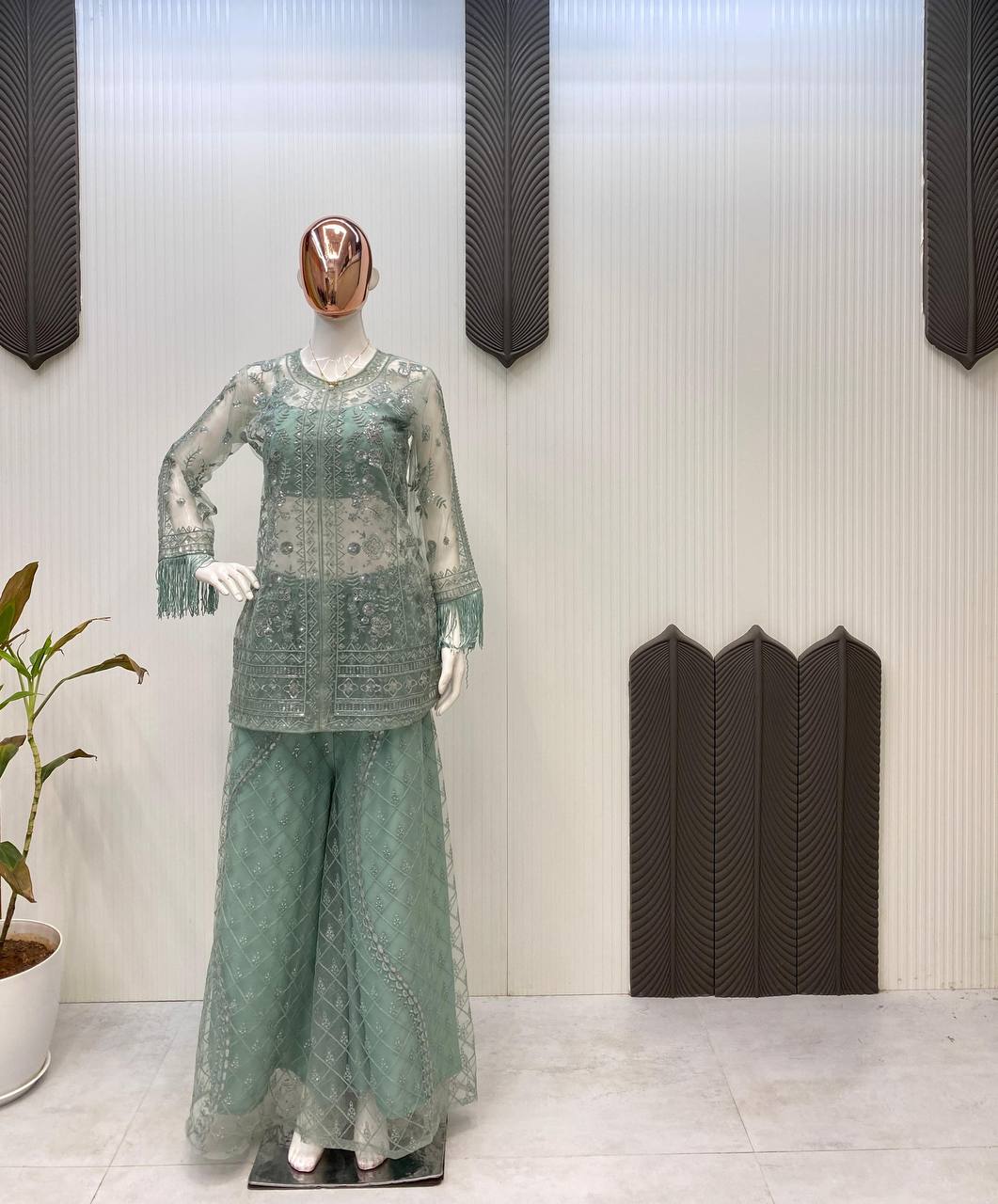 Mint Green Butterfly Net Plazzo Suit with Dual Side Sequin Embroidery