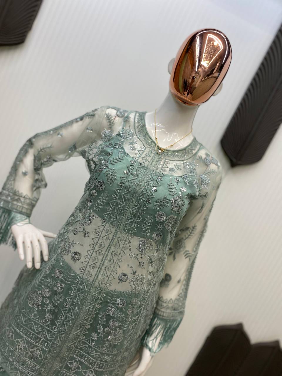 Mint Green Butterfly Net Plazzo Suit with Dual Side Sequin Embroidery