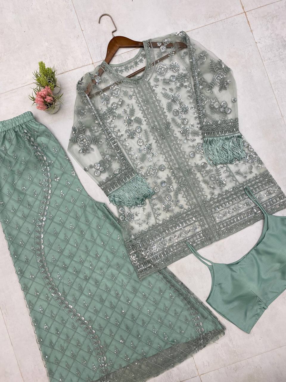 Mint Green Butterfly Net Plazzo Suit with Dual Side Sequin Embroidery