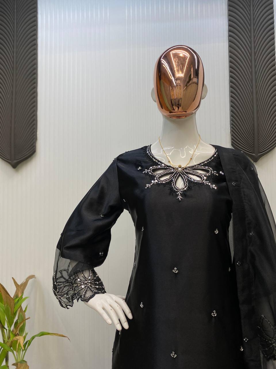 Elegant Black Satin Kurta Set with Embroidery Work & Sequined Dupatta