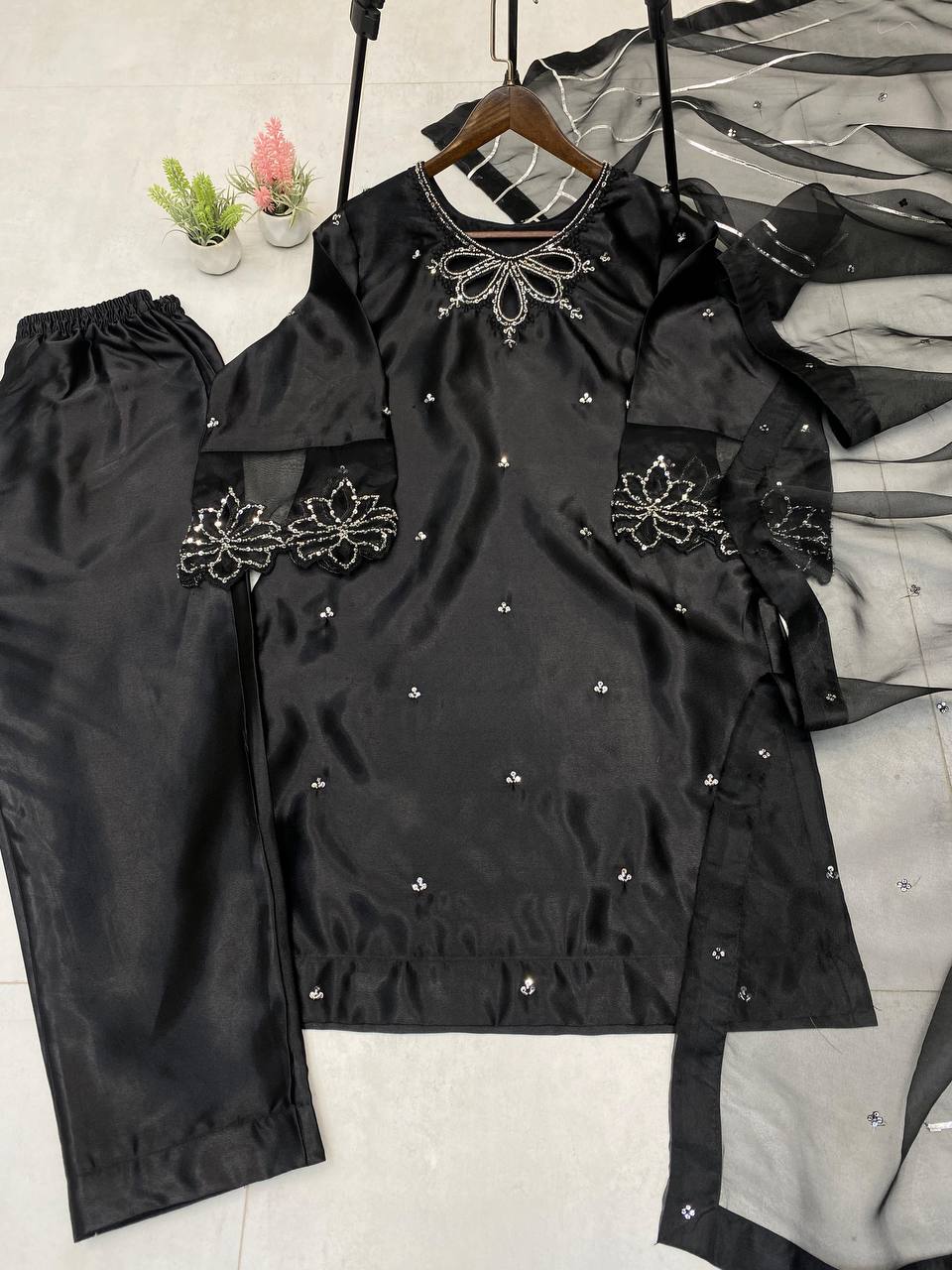 Elegant Black Satin Kurta Set with Embroidery Work & Sequined Dupatta