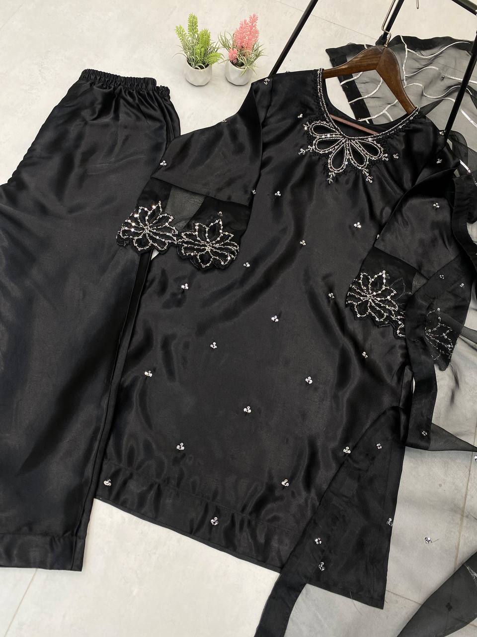 Elegant Black Satin Kurta Set with Embroidery Work & Sequined Dupatta