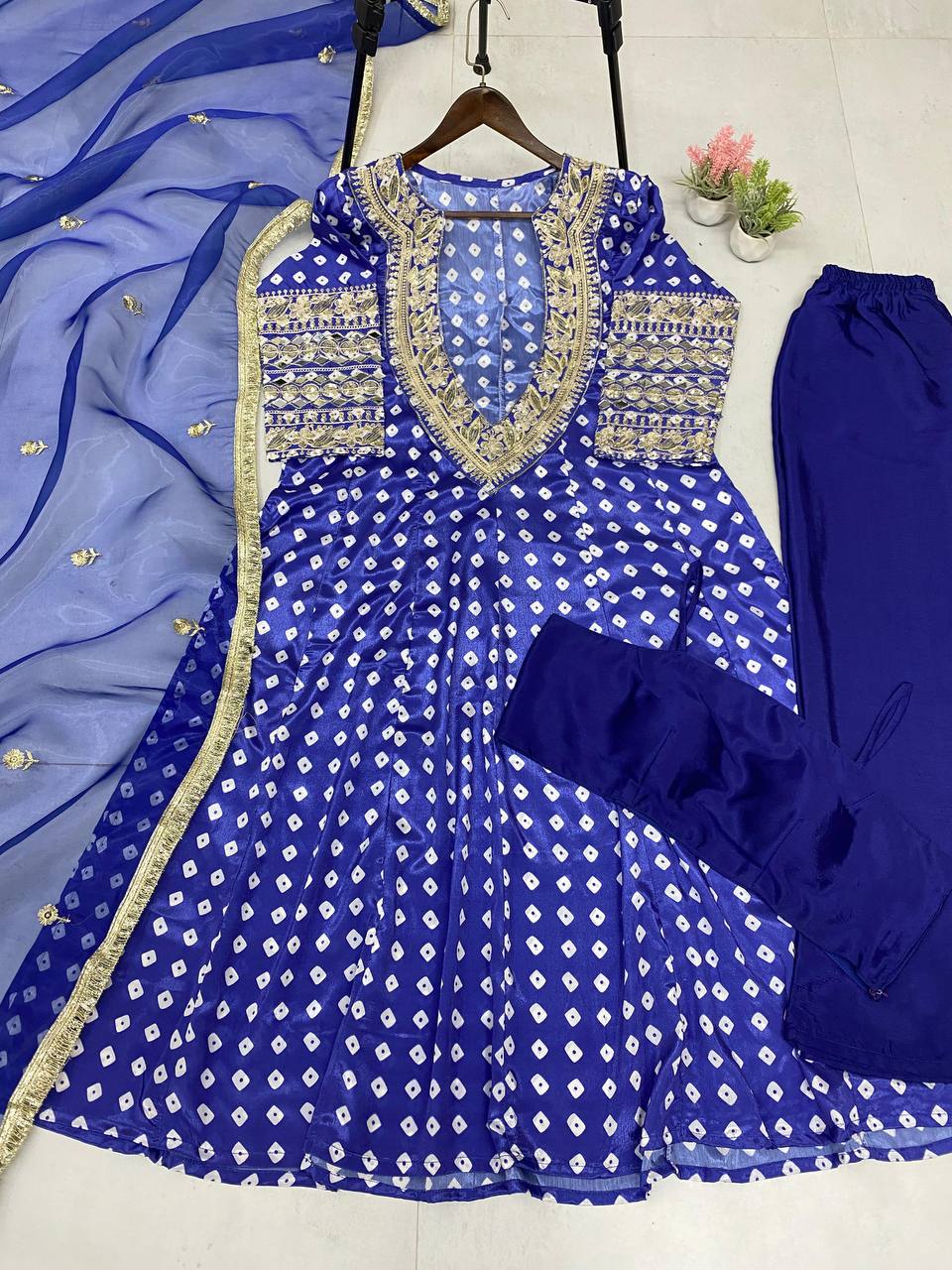 Stylish Blue Digital-Printed Chinon Kurta Set with Mirror Work Free Size Blouse & Pants