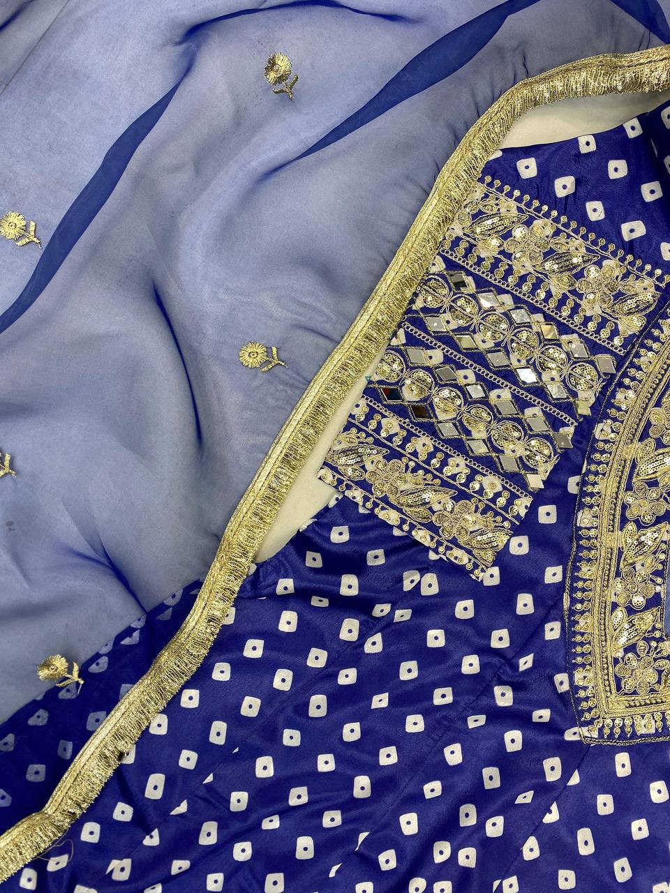 Stylish Blue Digital-Printed Chinon Kurta Set with Mirror Work Free Size Blouse & Pants