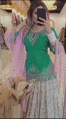 Punjabi Style White Color Chinon silk Sequence Work Lehenga With Green Top With Dupatta