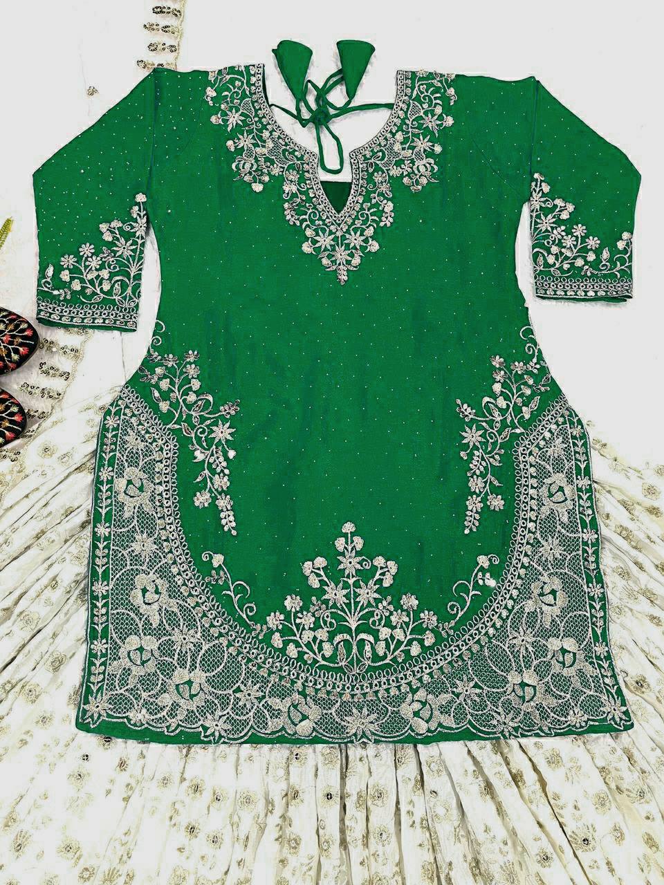 Punjabi Style White Color Chinon silk Sequence Work Lehenga With Green Top With Dupatta