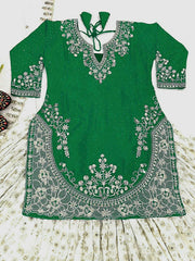 Punjabi Style White Color Chinon silk Sequence Work Lehenga With Green Top With Dupatta