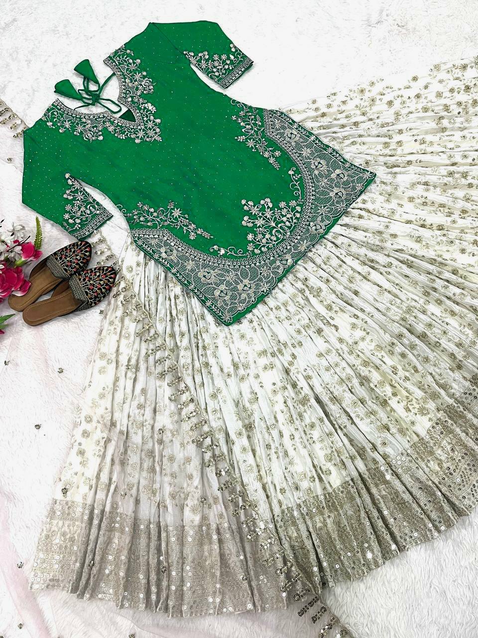 Punjabi Style White Color Chinon silk Sequence Work Lehenga With Green Top With Dupatta