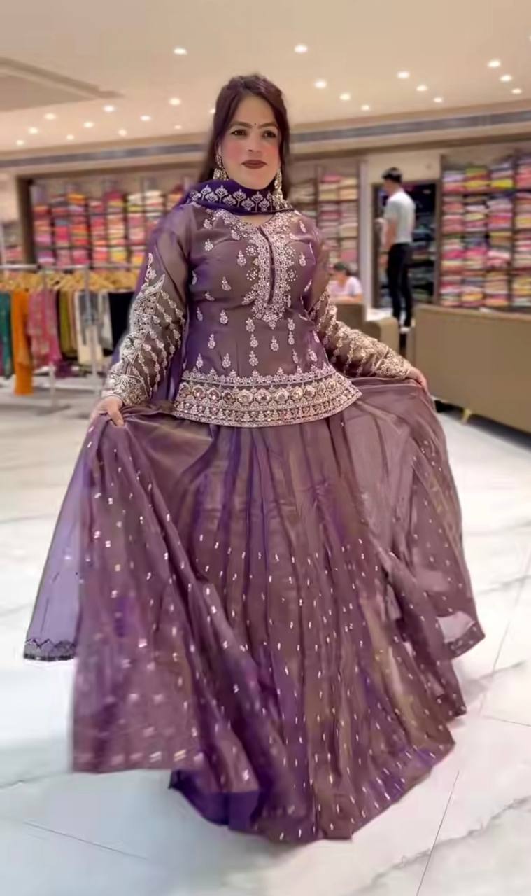 Glorious Simmer Silk  Embroidery work  Purple Color Lehenga Choli