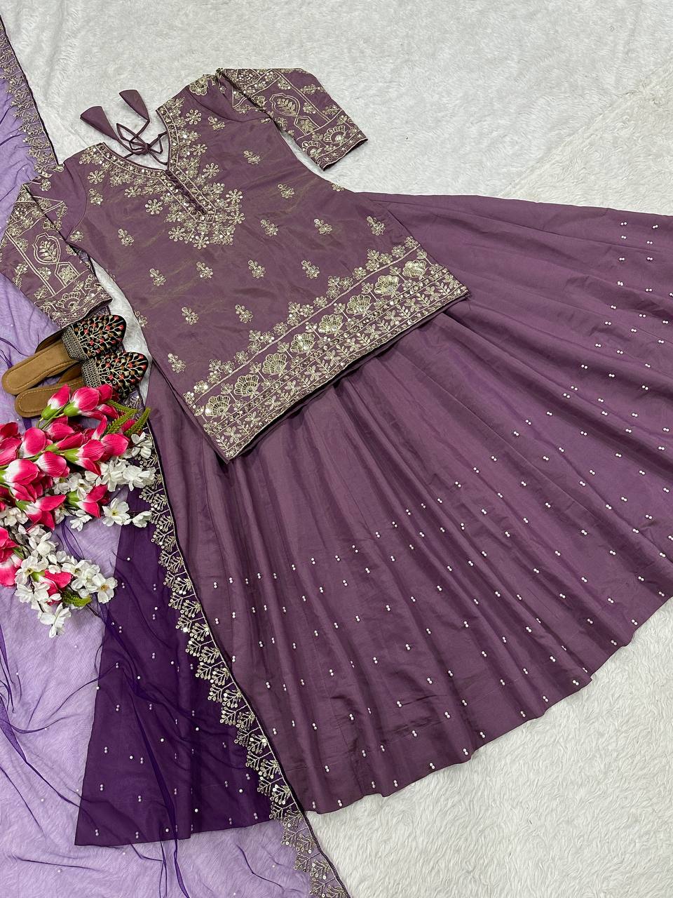 Glorious Simmer Silk  Embroidery work  Purple Color Lehenga Choli
