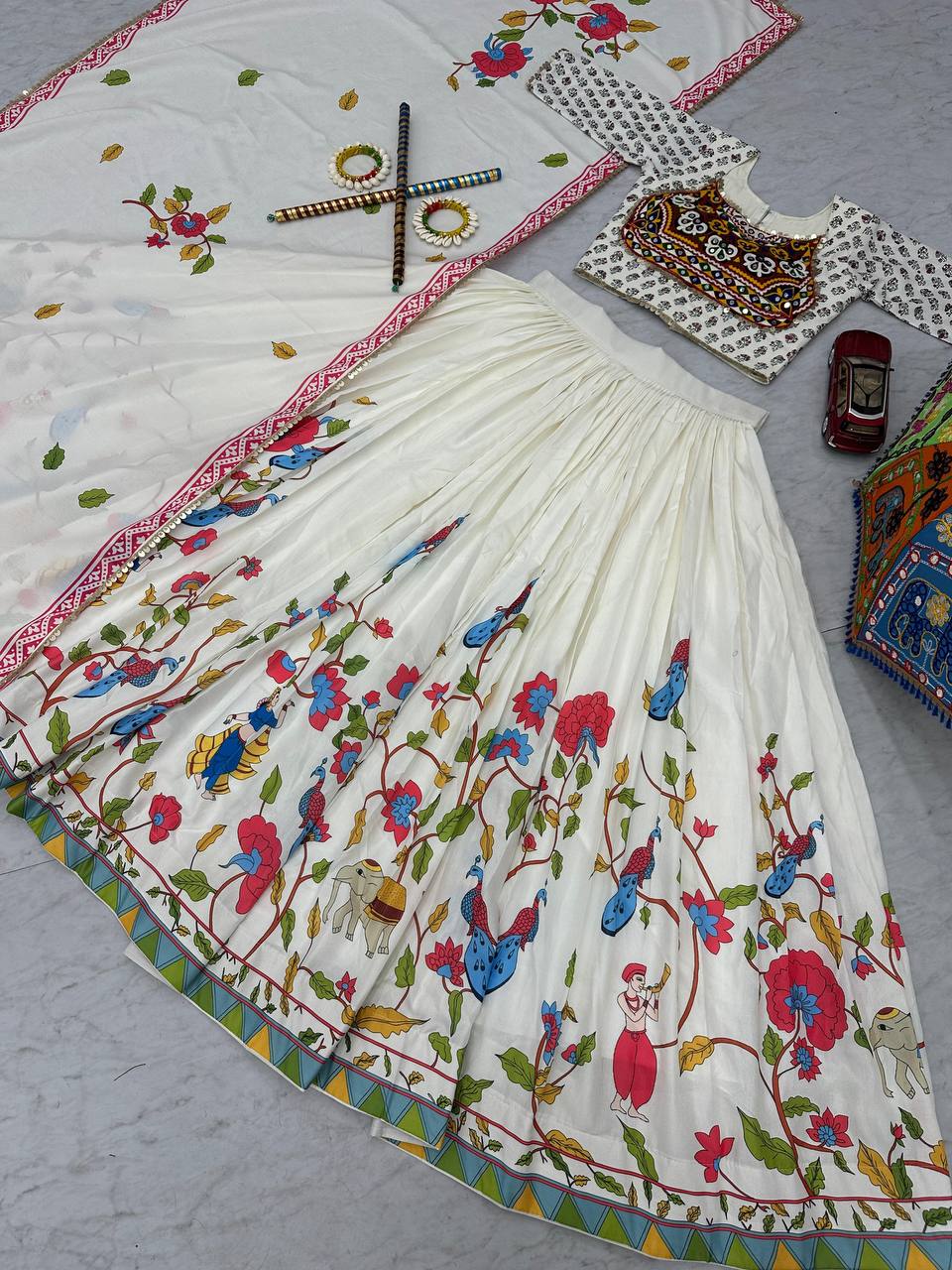 White Navratri Special Pure Cotton Chaniya Choli with Gamathi & Real Mirror Work