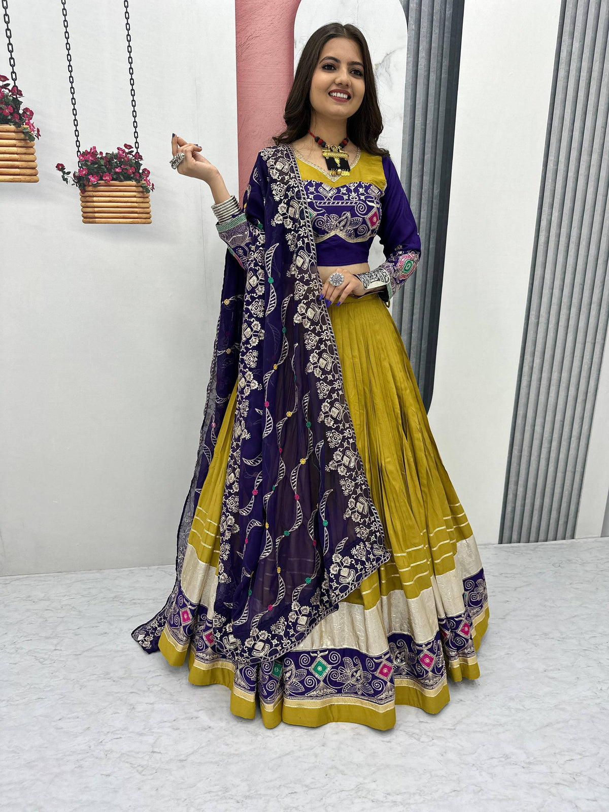 Mehndi Color Navratri Special Cotton Chaniya Choli Set with Heavy Embroidery & Sequence Work