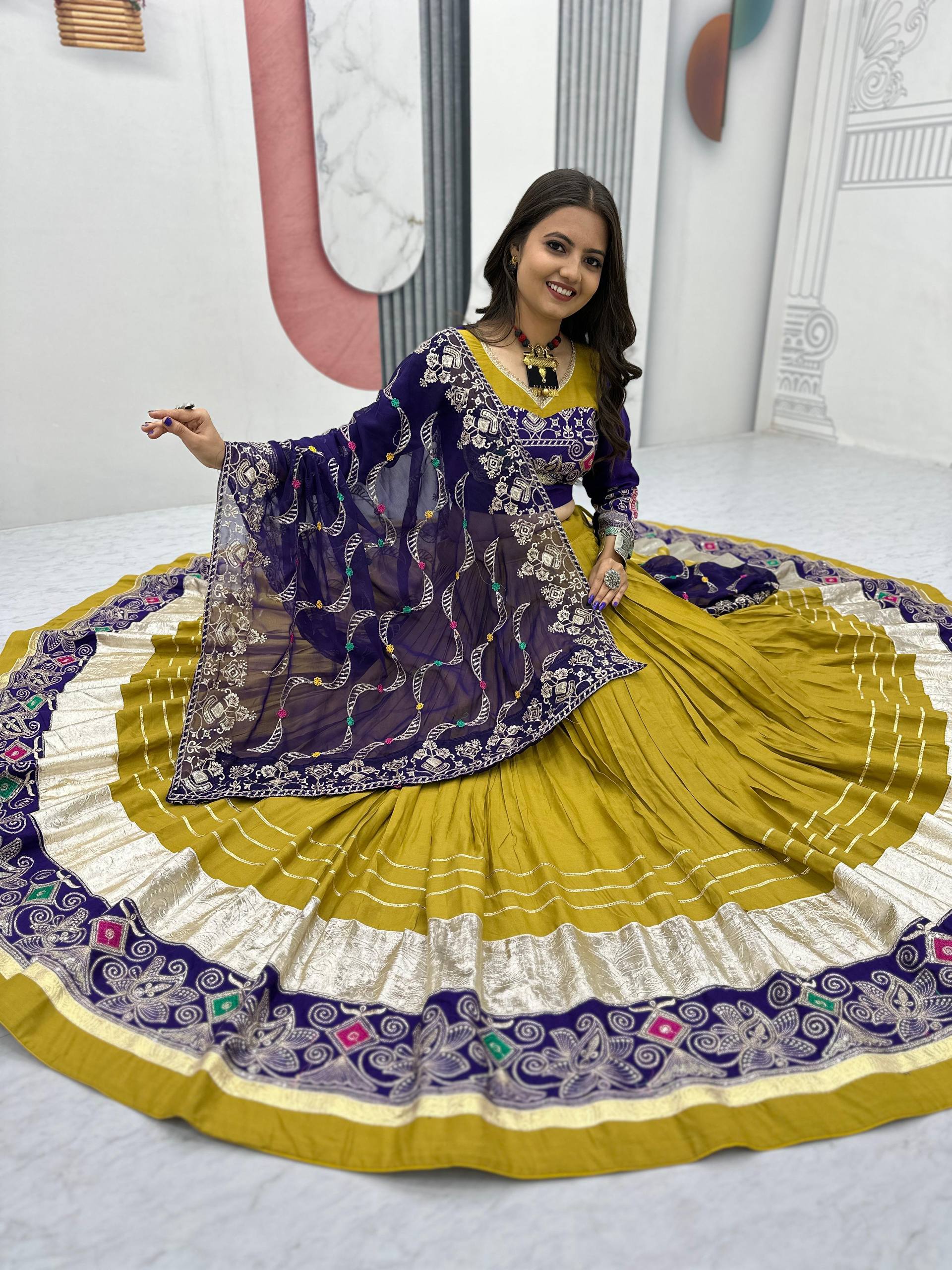 Mehndi Color Navratri Special Cotton Chaniya Choli Set with Heavy Embroidery & Sequence Work