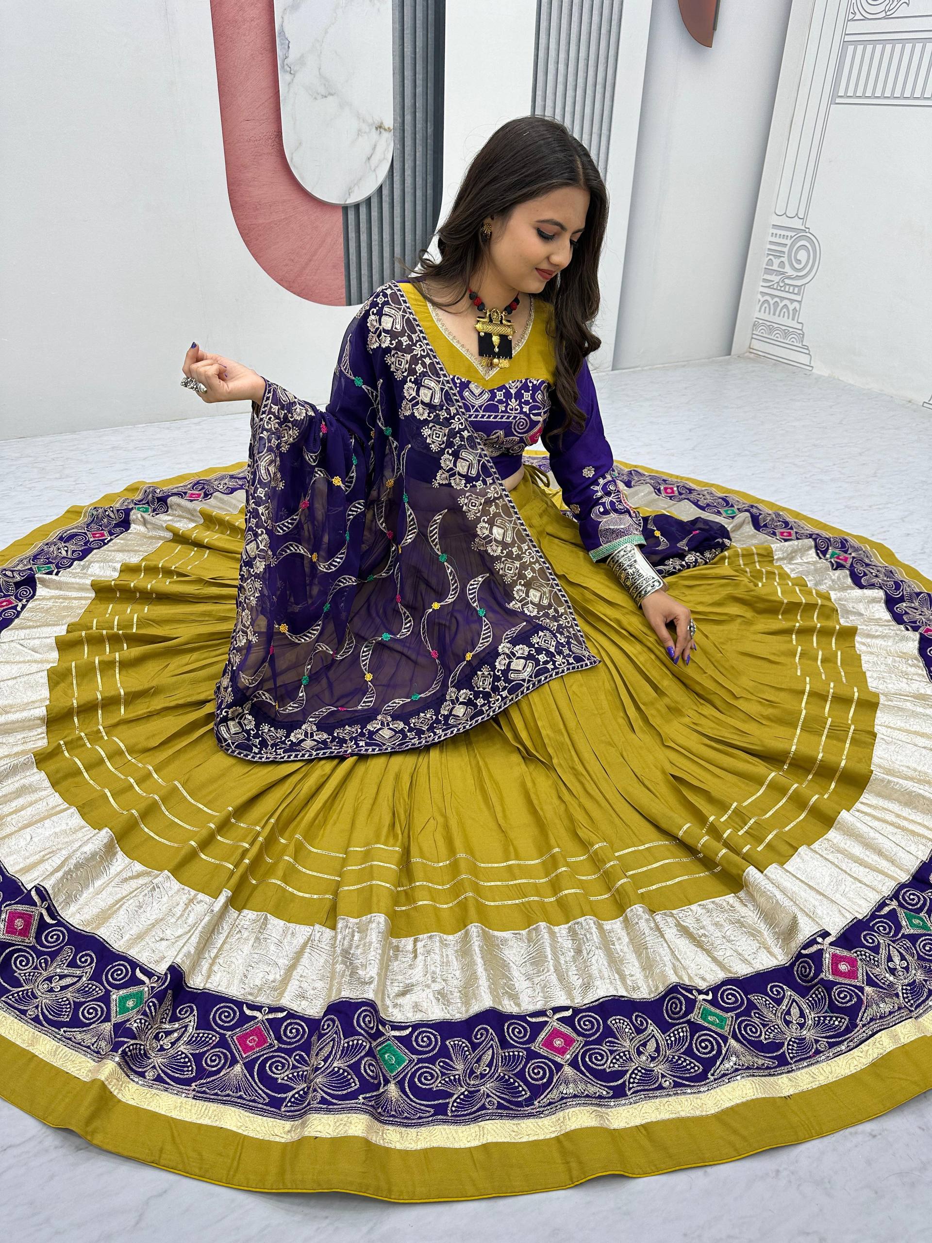 Mehndi Color Navratri Special Cotton Chaniya Choli Set with Heavy Embroidery & Sequence Work