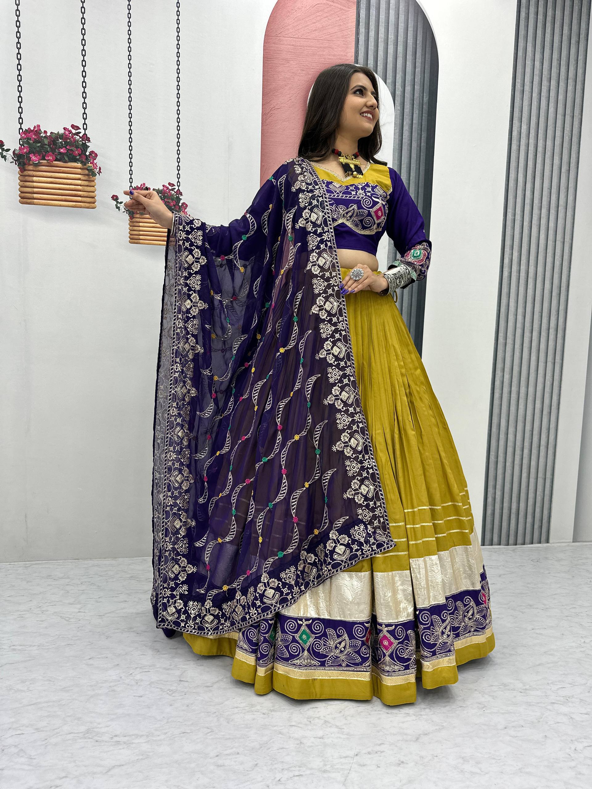 Mehndi Color Navratri Special Cotton Chaniya Choli Set with Heavy Embroidery & Sequence Work