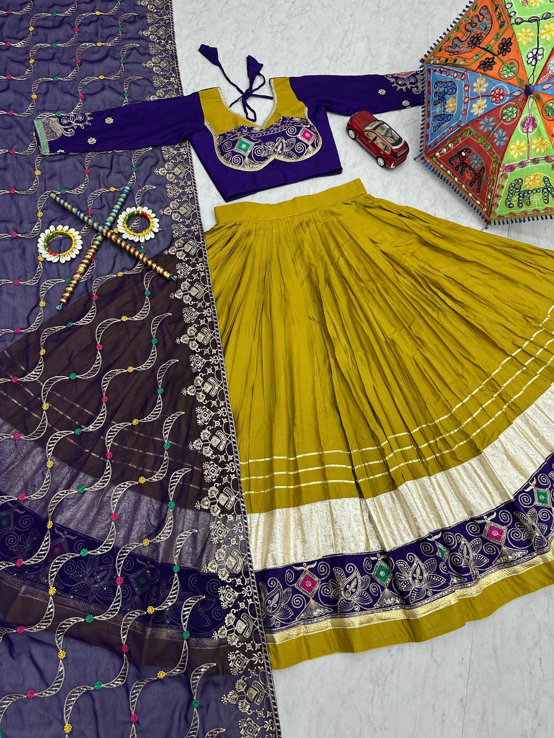 Mehndi Color Navratri Special Cotton Chaniya Choli Set with Heavy Embroidery & Sequence Work