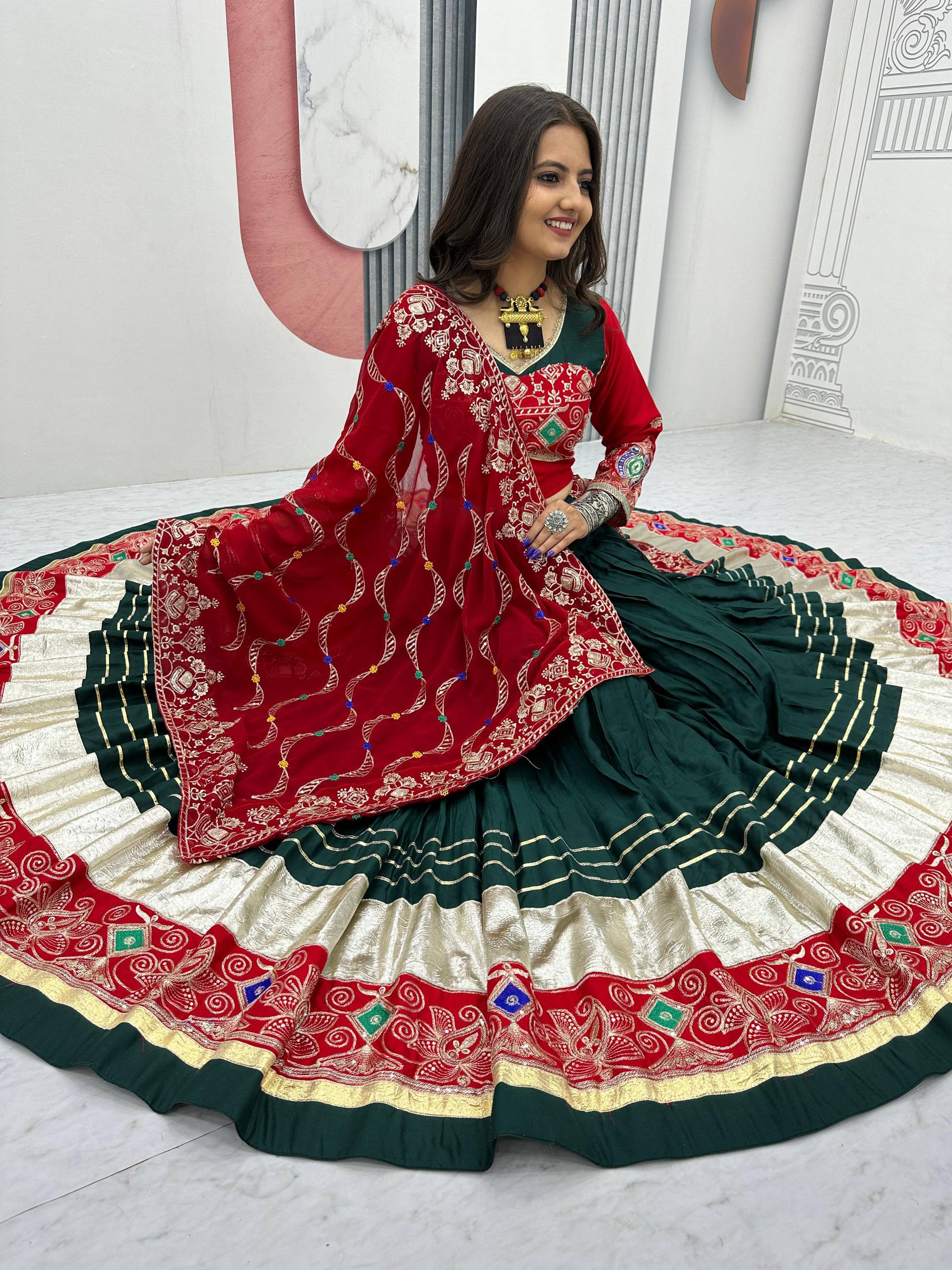 Green Color Navratri Special Cotton Chaniya Choli Set with Heavy Embroidery & Sequence Work