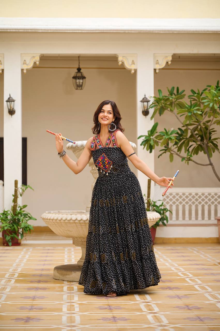 Navratri Special Black Color  Bandhani Print Gown with Gamathi & Real Mirror Work