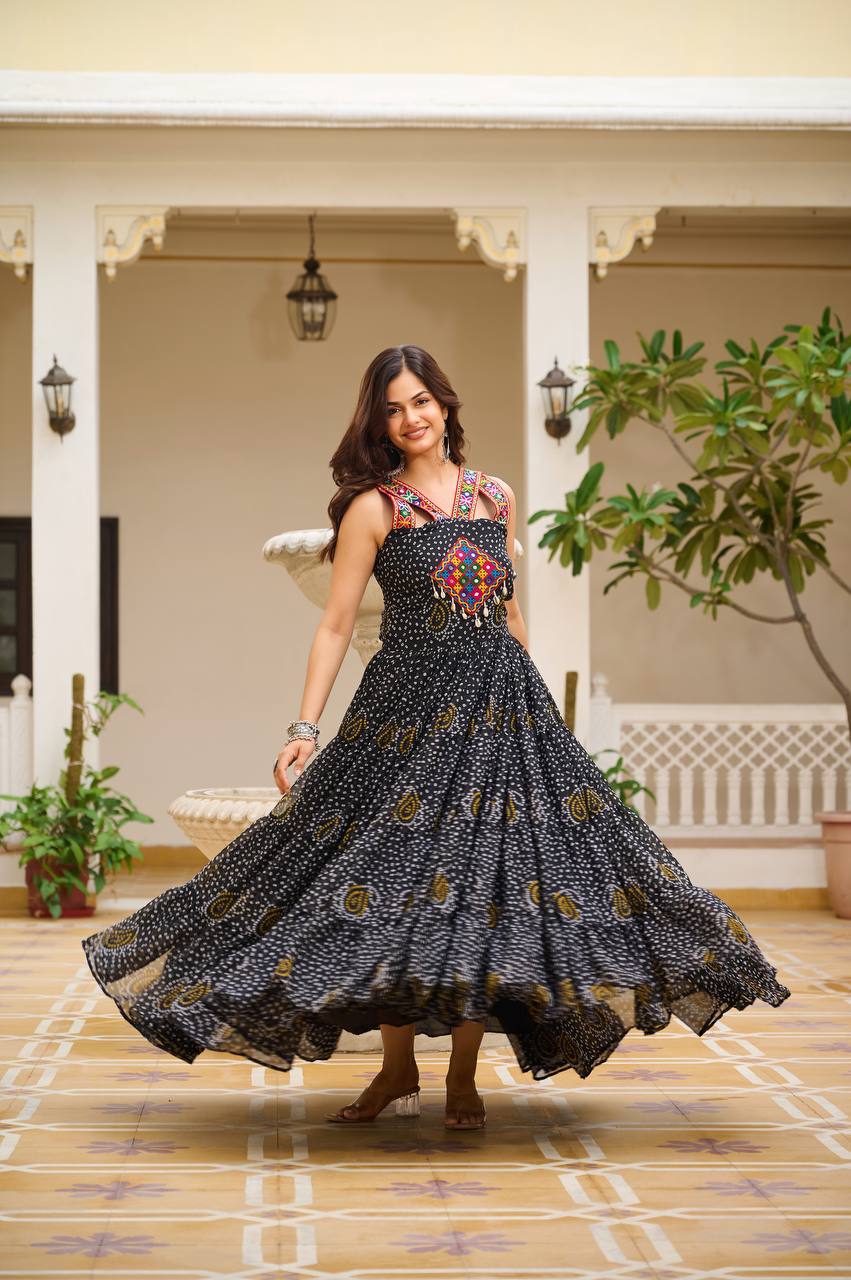 Navratri Special Black Color  Bandhani Print Gown with Gamathi & Real Mirror Work