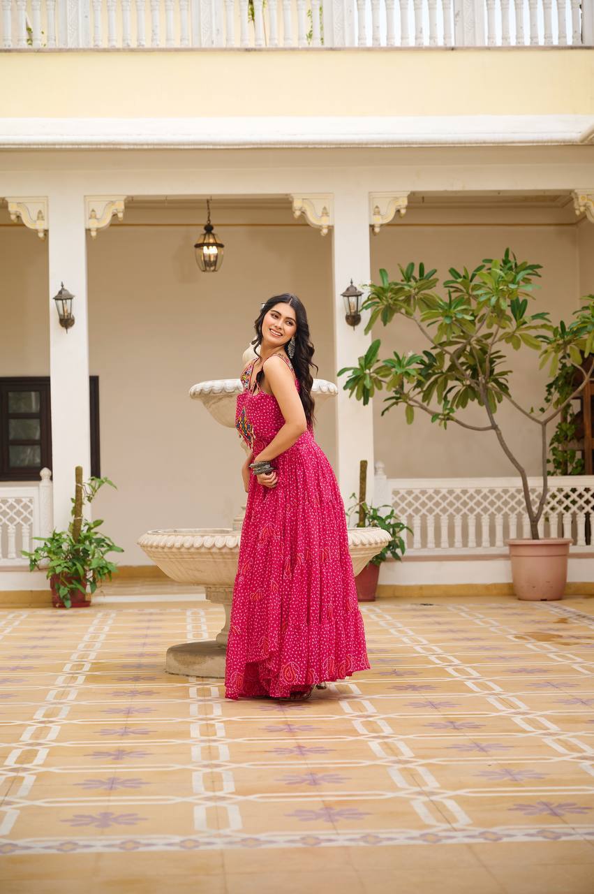 Navratri Special Pink Color  Bandhani Print Gown with Gamathi & Real Mirror Work