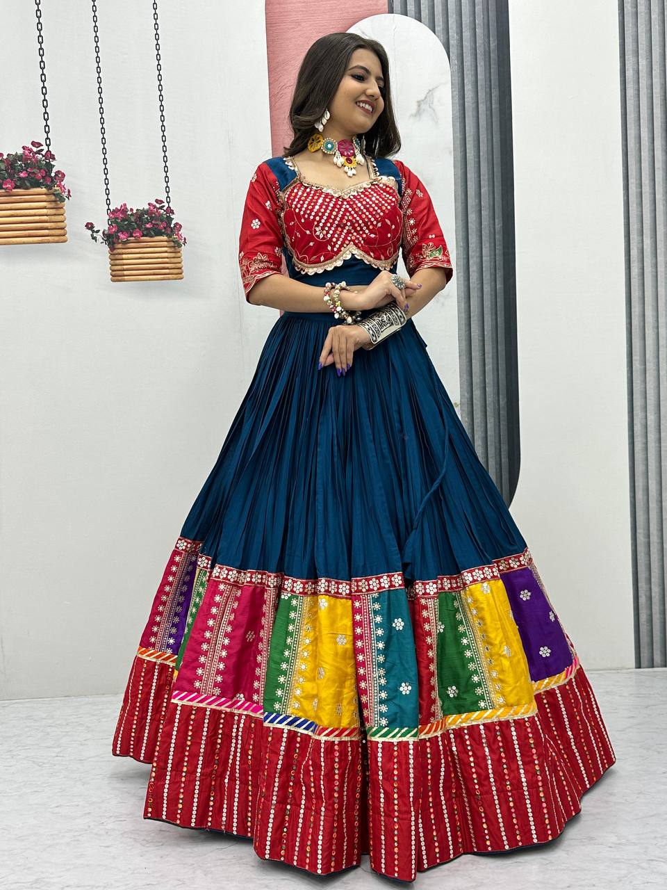 Unique Pure Cotton Navratri  Special Embroidery Sequence Work Red Color Chaniya Choli