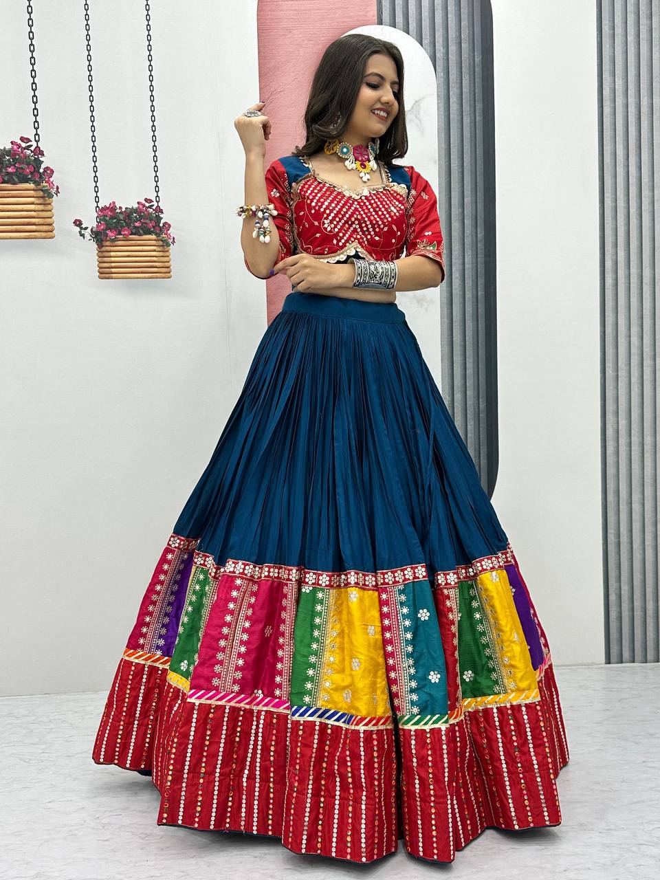 Unique Pure Cotton Navratri  Special Embroidery Sequence Work Red Color Chaniya Choli