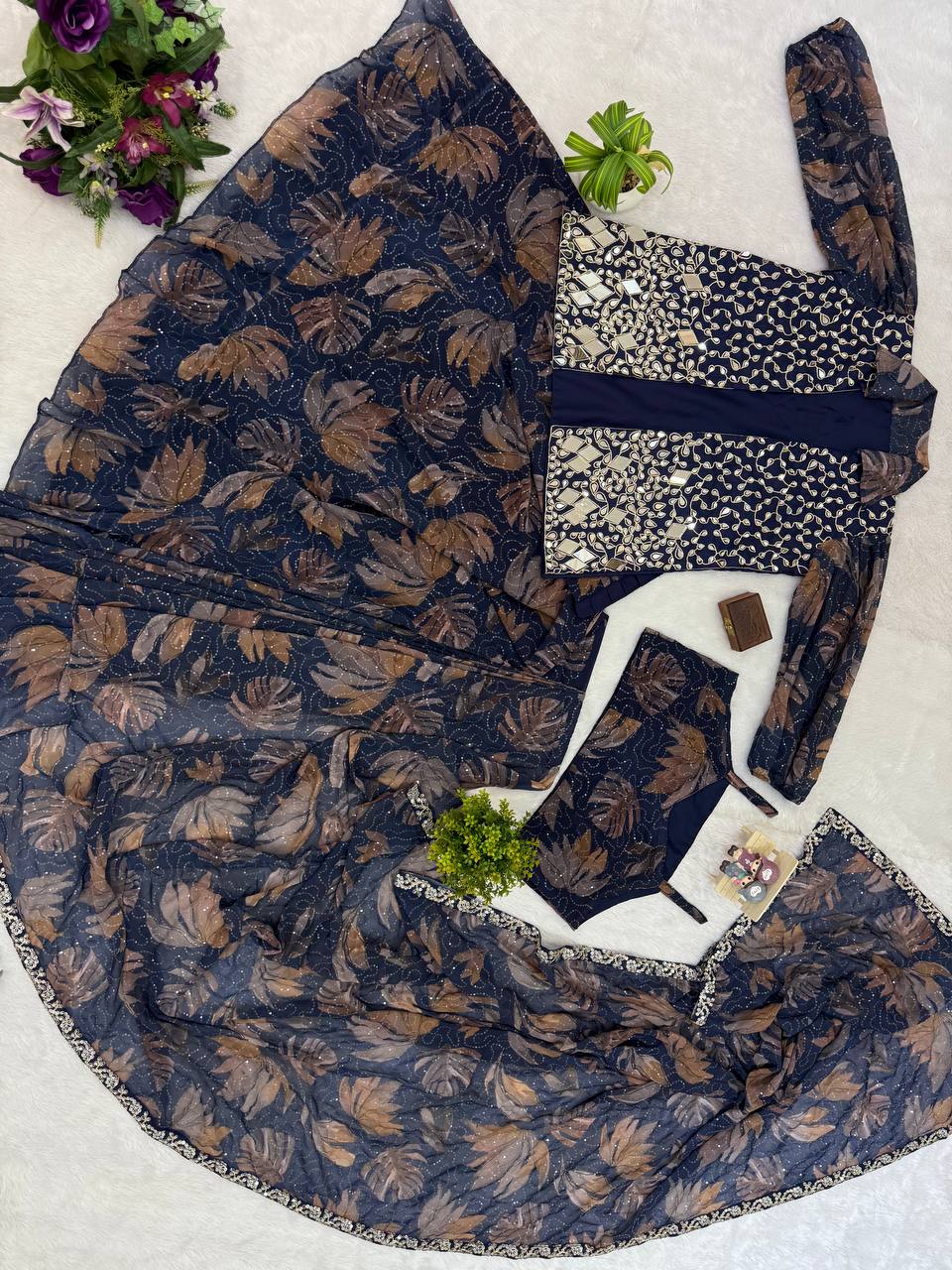 Luxuriant Embroidery Work Blue  Color Ready To Wear Saree