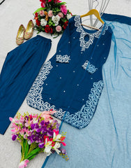 Punjabi Style Teal Blue Embroidery Work Sharara Suit