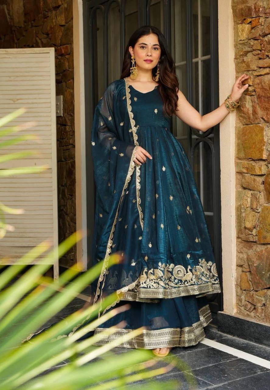 Attractive Maroon Silk Sequence Work Designer Gown
