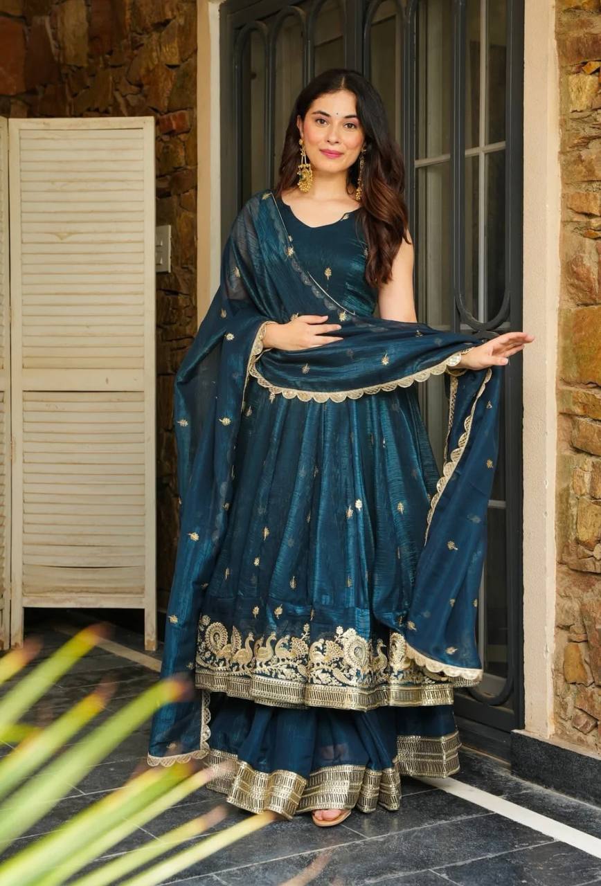 Attractive Maroon Silk Sequence Work Designer Gown