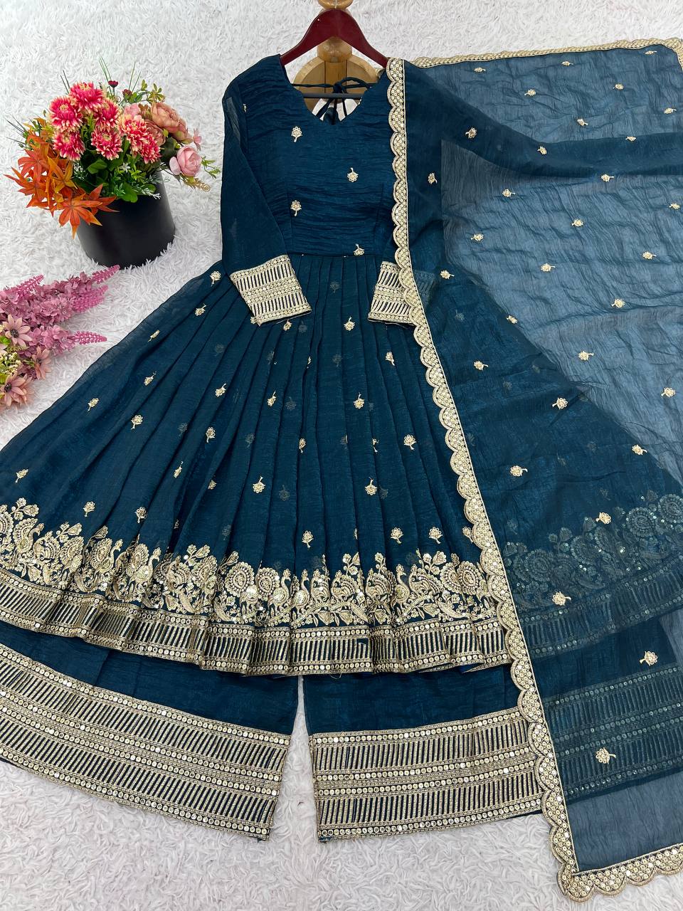 Attractive Maroon Silk Sequence Work Designer Gown