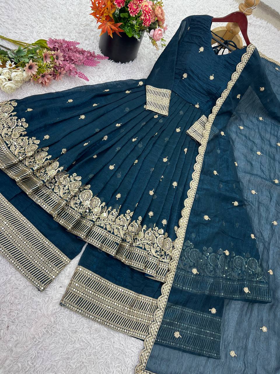 Attractive Maroon Silk Sequence Work Designer Gown