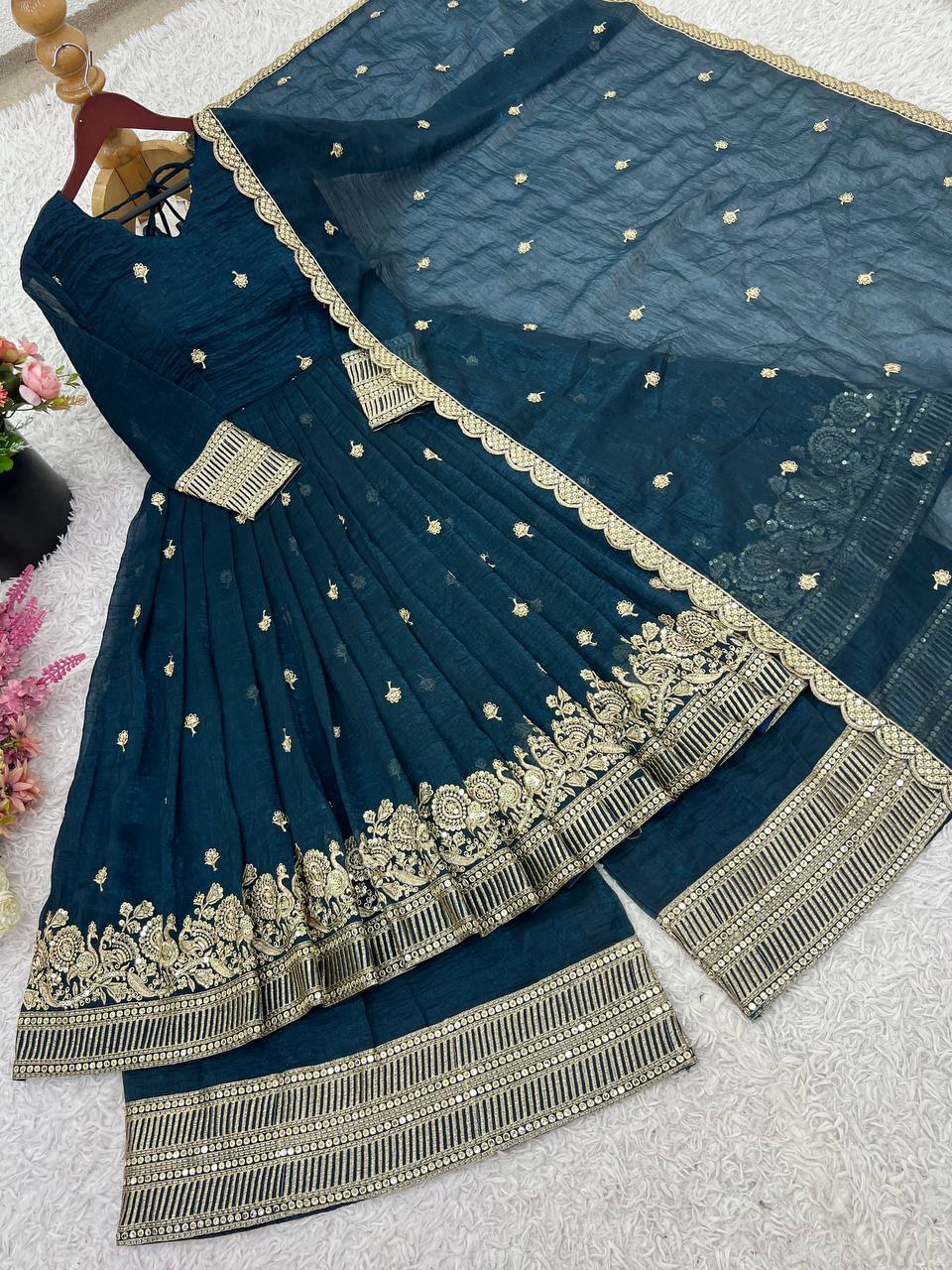 Attractive Maroon Silk Sequence Work Designer Gown