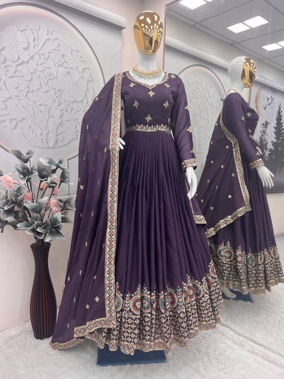 Exotic Purple Diamond Silk Embroidery Work Gown