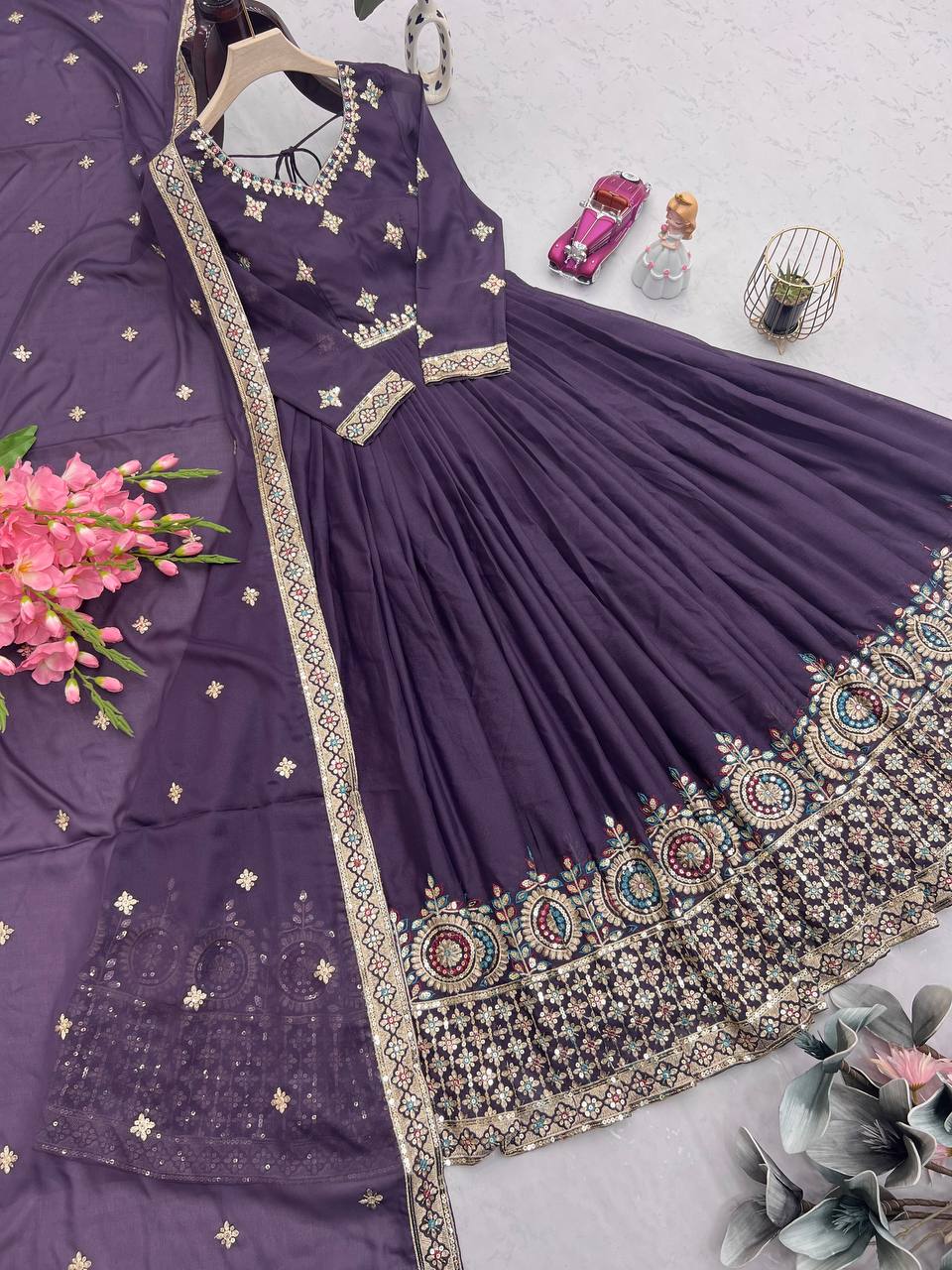 Exotic Purple Diamond Silk Embroidery Work Gown