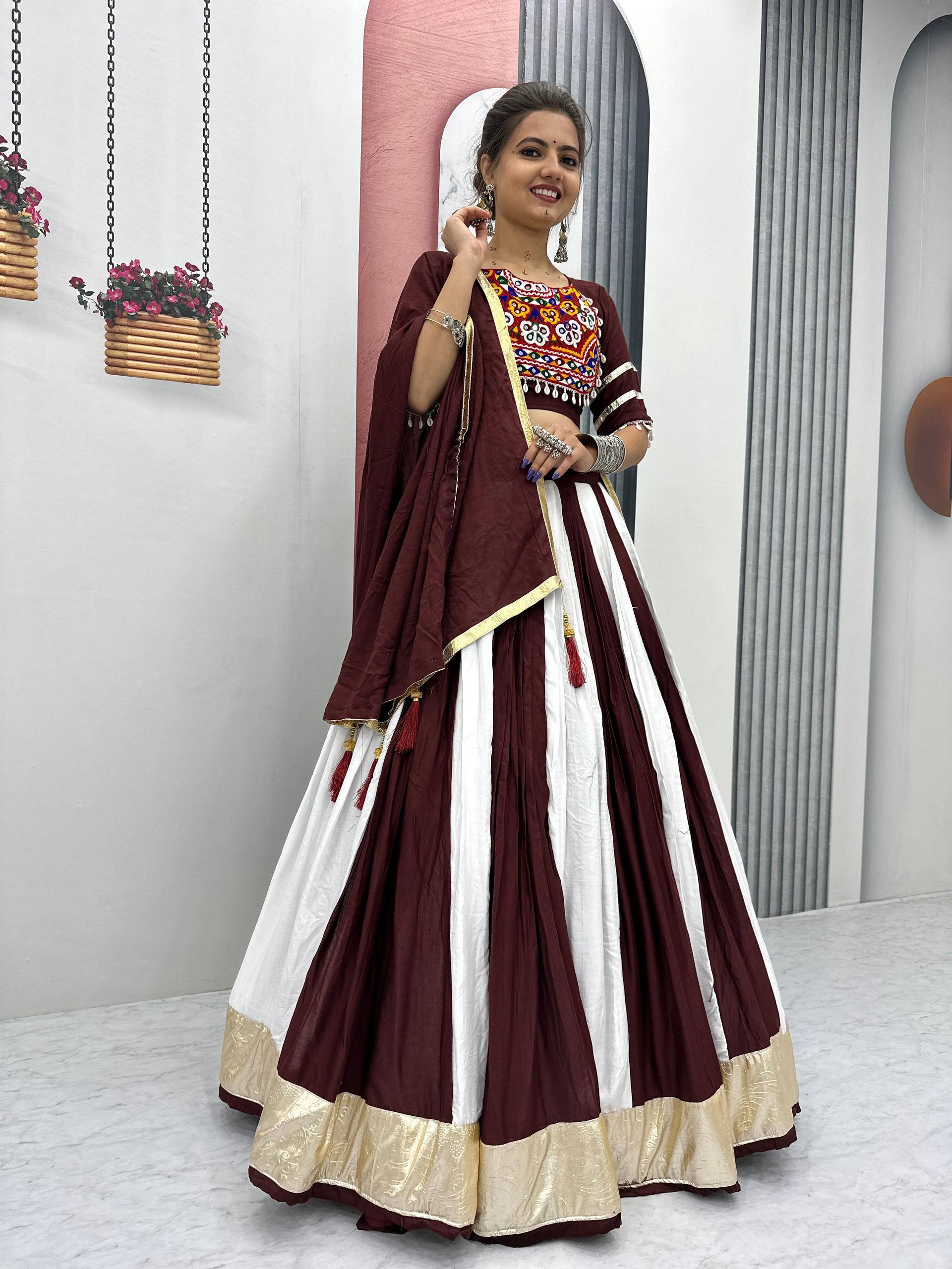 Precious Brown Cotton Gamathi Work Lehenga Choli For Navratri